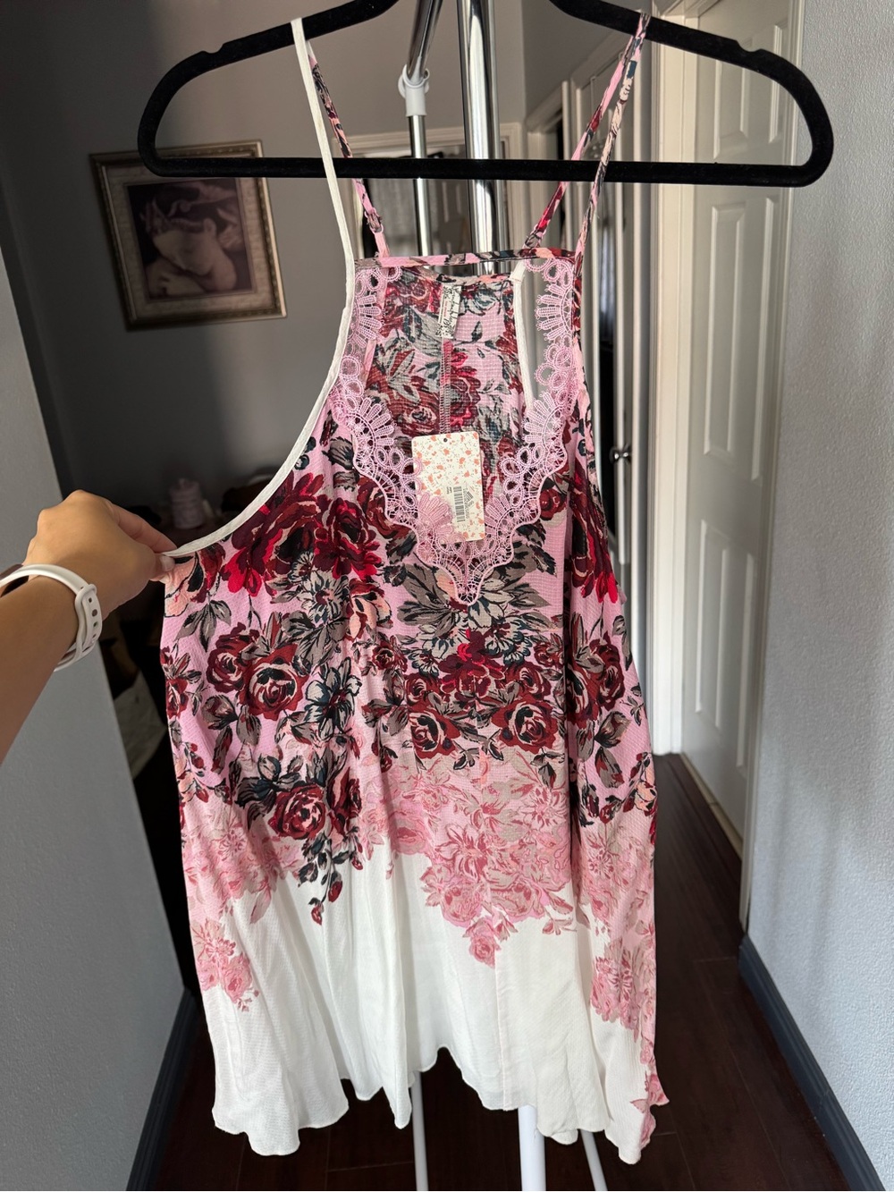 Free People Pink Floral Lace-Trim Mini Dress